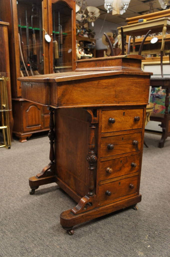 1860s Antique Davenport Captains Writing Desk Walnut W/ Leather Inlay