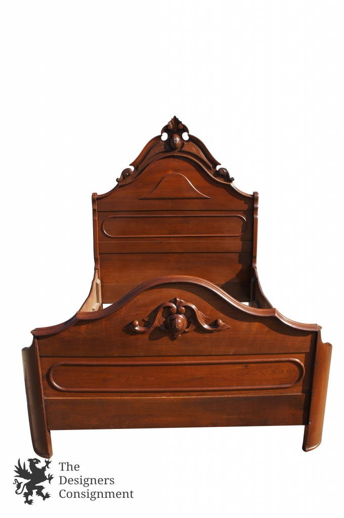 Antique Victorian Eastlake Walnut Carved Full Size Double Bed Frame
