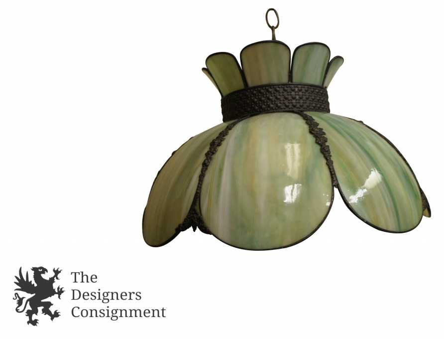The Designers Consignment Dayton S Premier Gallery Antique Green White Slag Glass Tulip Pendant Light Chandelier Metal Trim Roses 222925334504